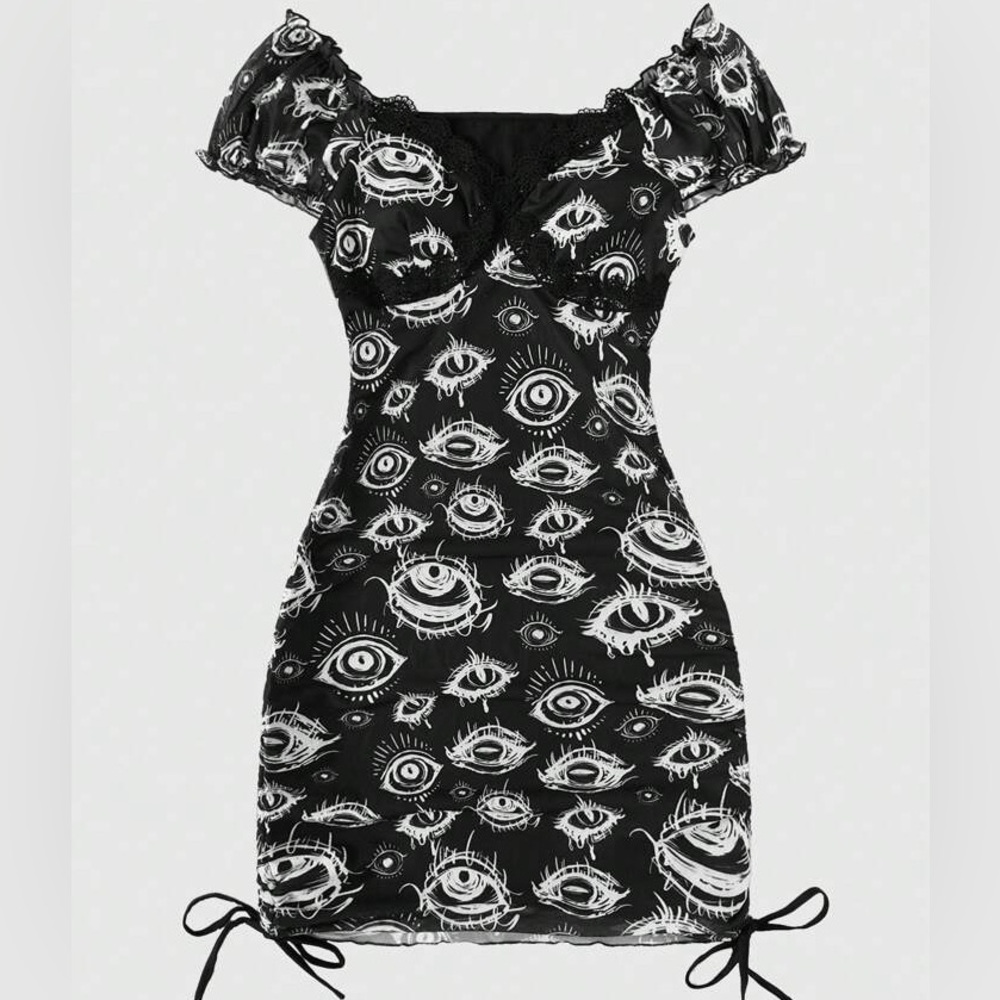 ROMWE Grunge Punk Eye Print Contrast Lace Drawstring Side Dress